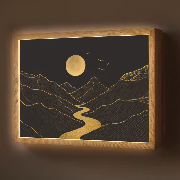 Lightbox - Wandlamp - Rivier - Goud - Maan - Vogels — 1