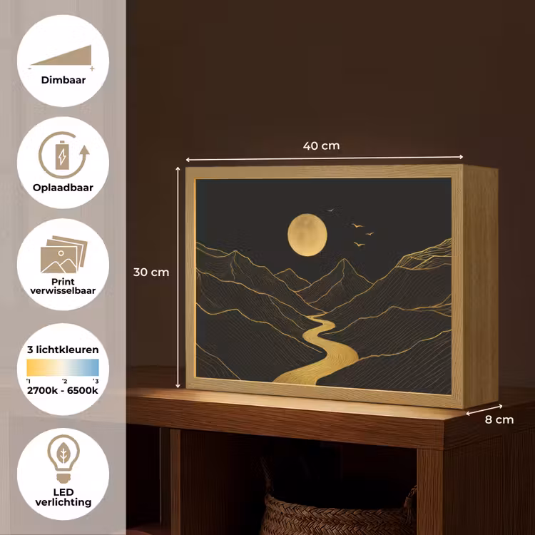 Lightbox - Wandlamp - Rivier - Goud - Maan - Vogels — 10