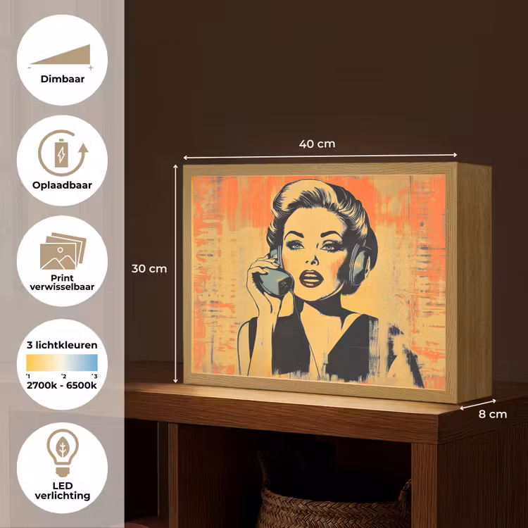 Lightbox - Wandlamp - Retro - Vrouw - Koptelefoon - Oranje — 10