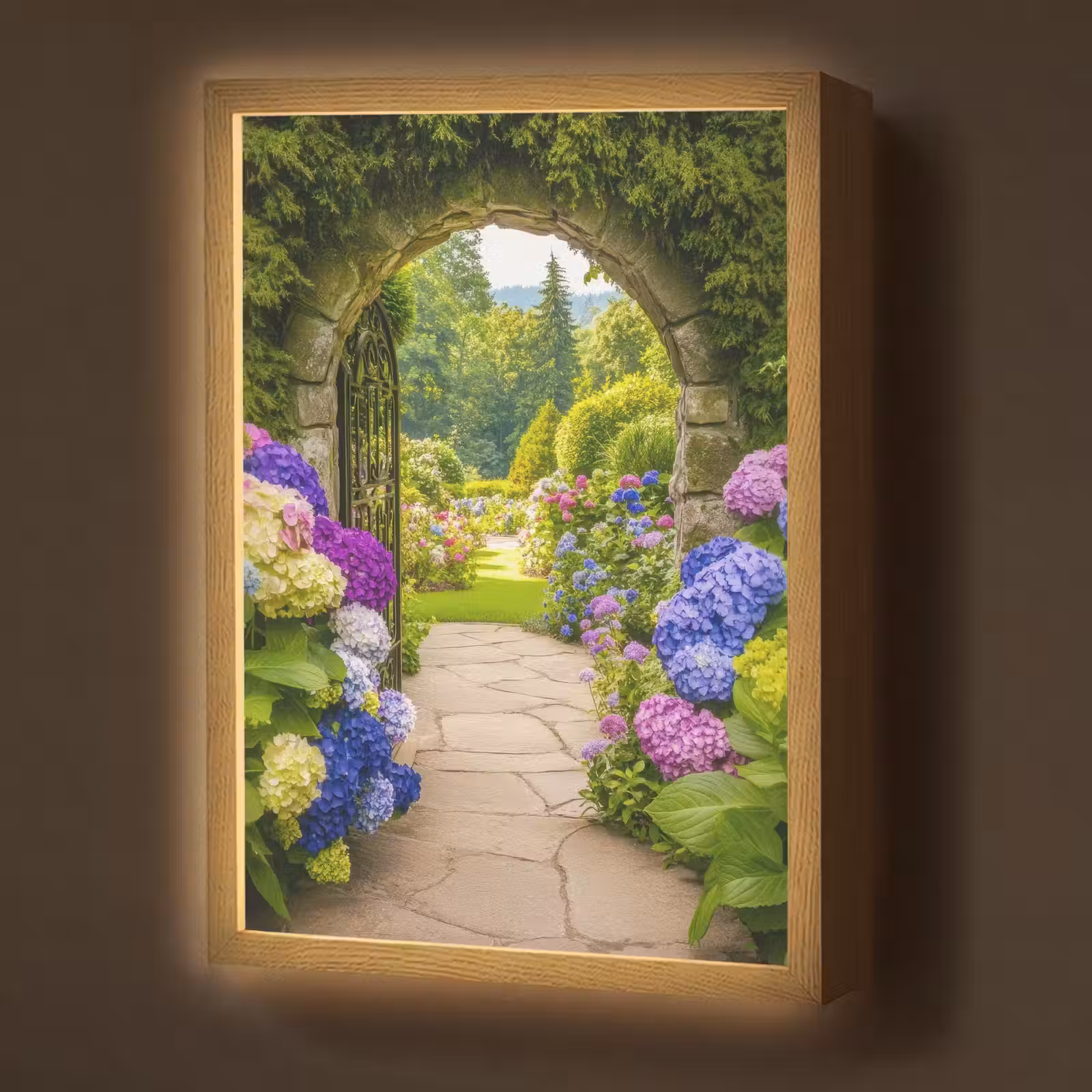 Lightbox - Wandlamp - Doorkijk - Poort - Hortensia - Bloementuin — 1