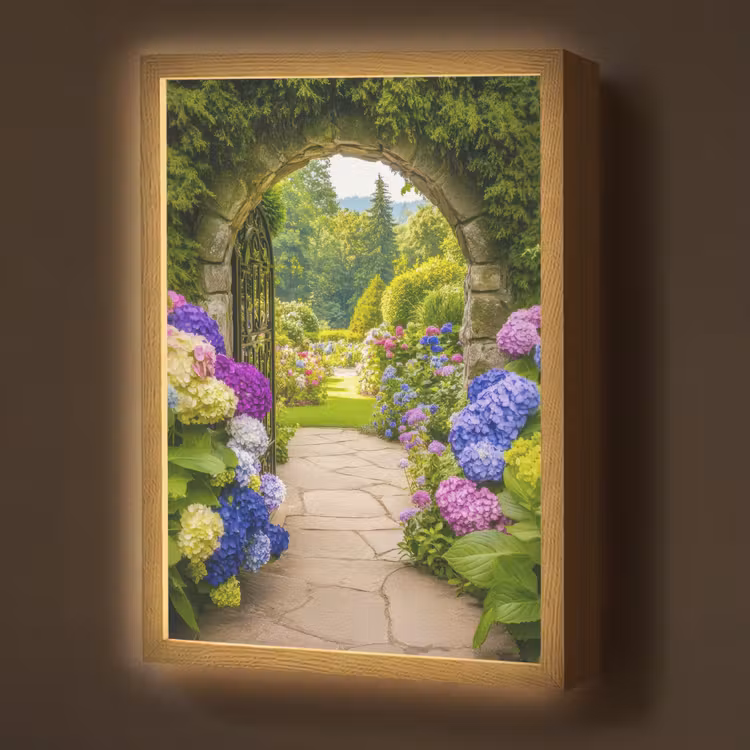 Lightbox - Wandlamp - Doorkijk - Poort - Hortensia - Bloementuin — 1