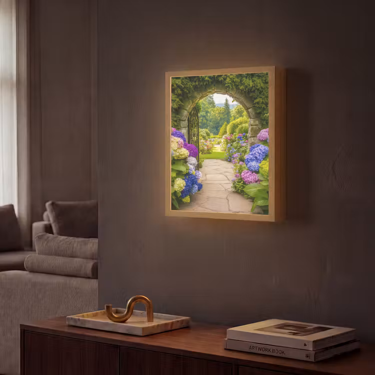 Lightbox - Wandlamp - Doorkijk - Poort - Hortensia - Bloementuin — 2