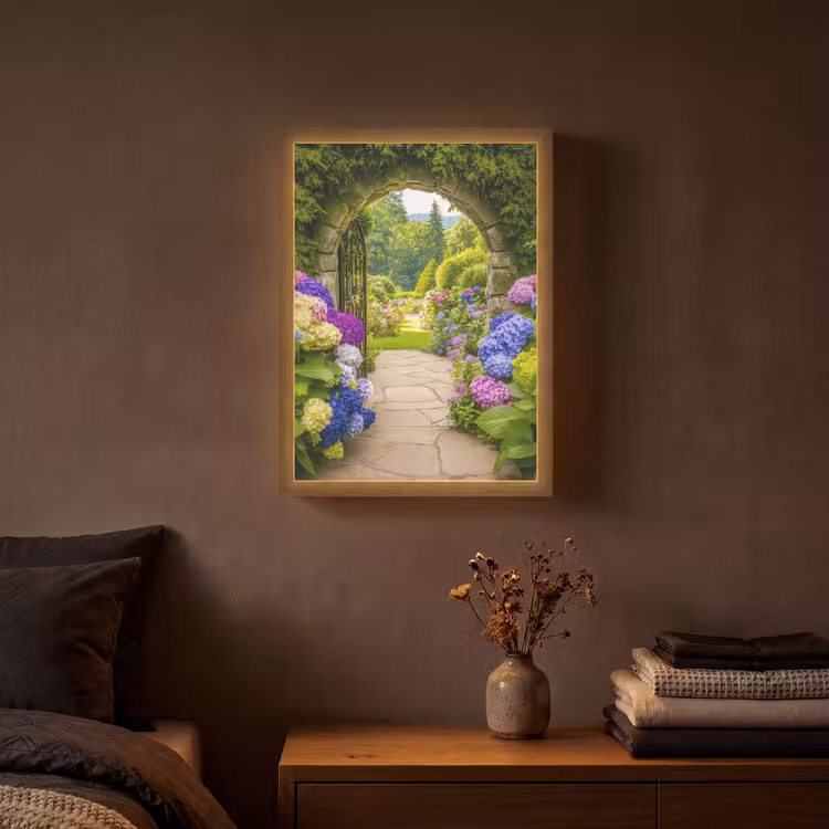 Lightbox - Wandlamp - Doorkijk - Poort - Hortensia - Bloementuin — 3