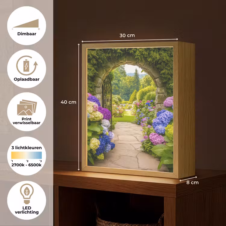 Lightbox - Wandlamp - Doorkijk - Poort - Hortensia - Bloementuin — 9