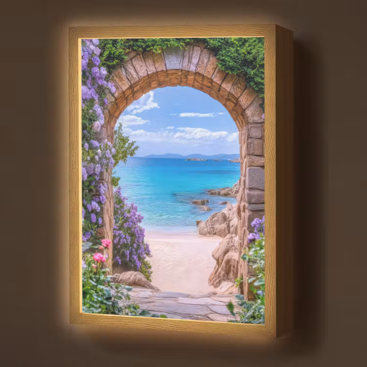 Lightbox - Wandlamp - Doorkijk - Poort - Zee - Strand - Rotsen — 1