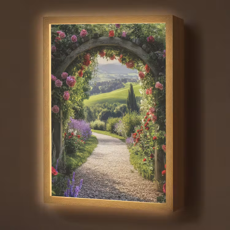 Lightbox - Wandlamp - Doorkijk - Tuinboog - Bloemen - Natuur - Pad — 1