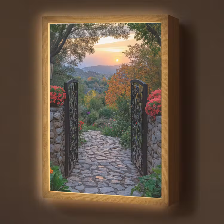 Lightbox - Wandlamp - Landschap - Hek - Pad - Zonsondergang - Natuur — 1