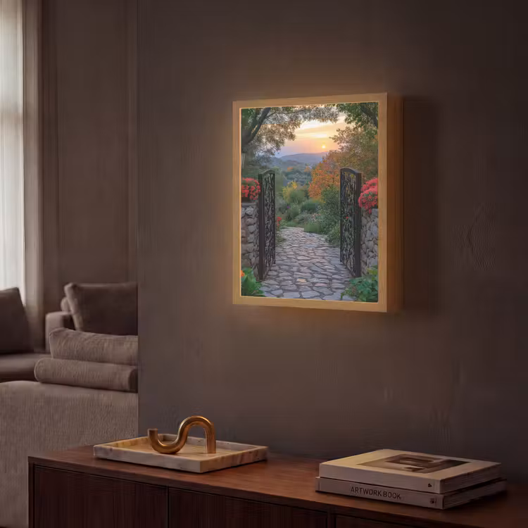 Lightbox - Wandlamp - Landschap - Hek - Pad - Zonsondergang - Natuur — 2