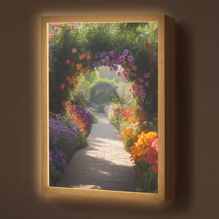 Lightbox - Wandlamp - Doorkijk - Pad - Bloemen - Struik - Kleurrijk — 1