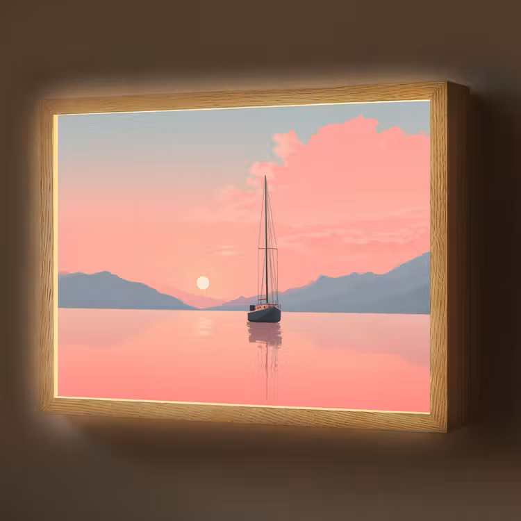 Lightbox - Wandlamp - Zeilboot - Roze zee - Zonsondergang - Bergen — 1