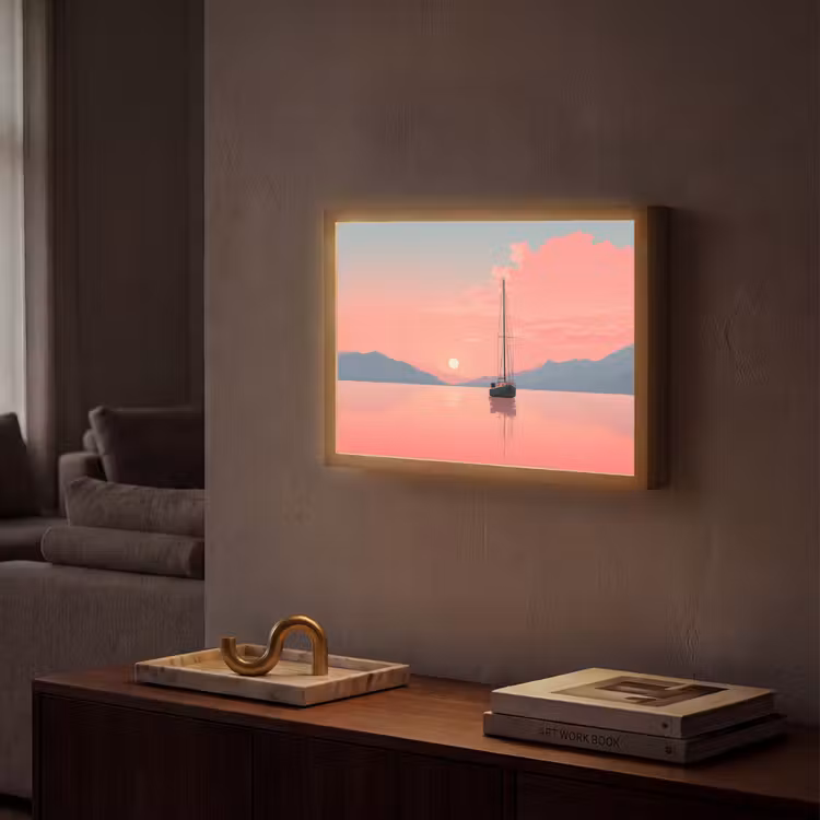 Lightbox - Wandlamp - Zeilboot - Roze zee - Zonsondergang - Bergen — 2