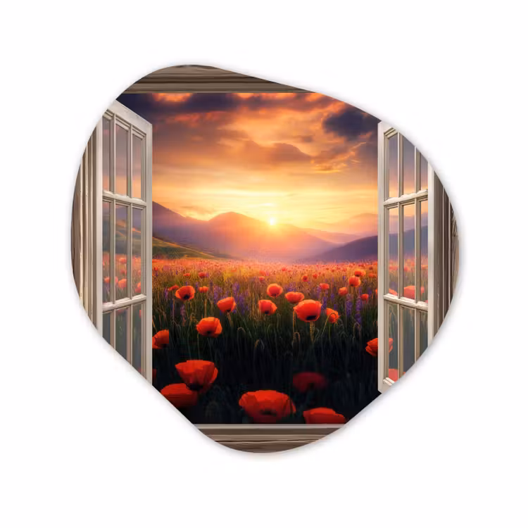 Organisch schilderij - Glas - Doorkijk - Klaprozen - Bloemen - Rood - Open raam — 1