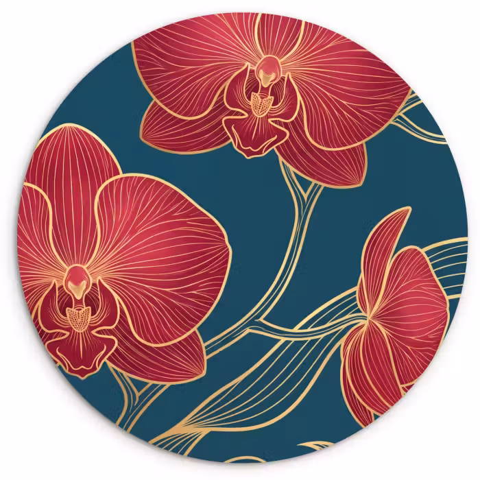 Wandcirkel - Glas - Bloemen - Rood - Goud