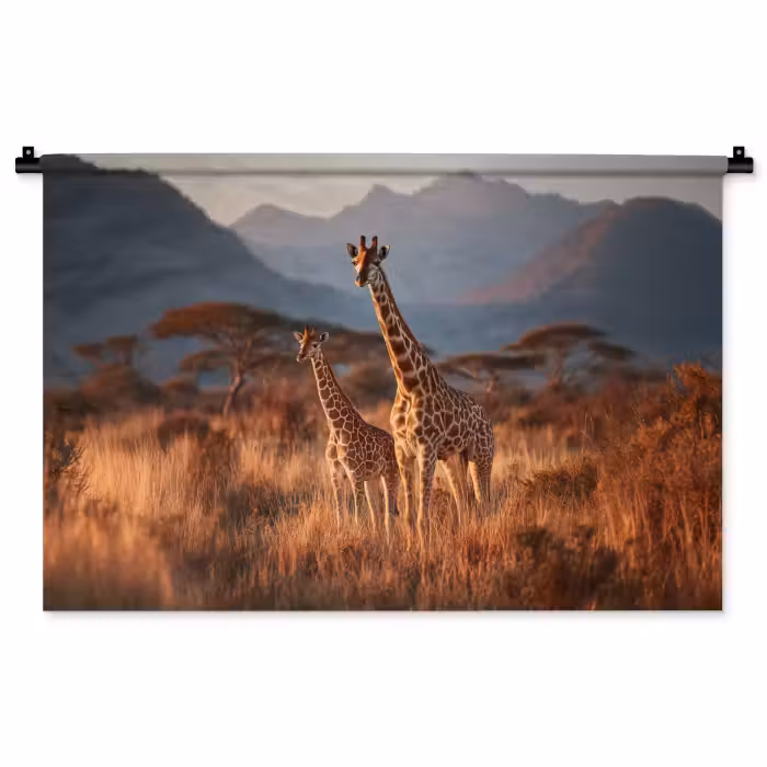 Wandkleed - Giraffen - Hoog gras - Acaciabomen