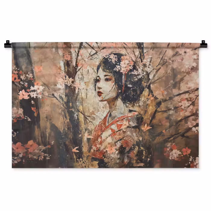 Wandkleed - Kimono - Vrouw - kersenbomen