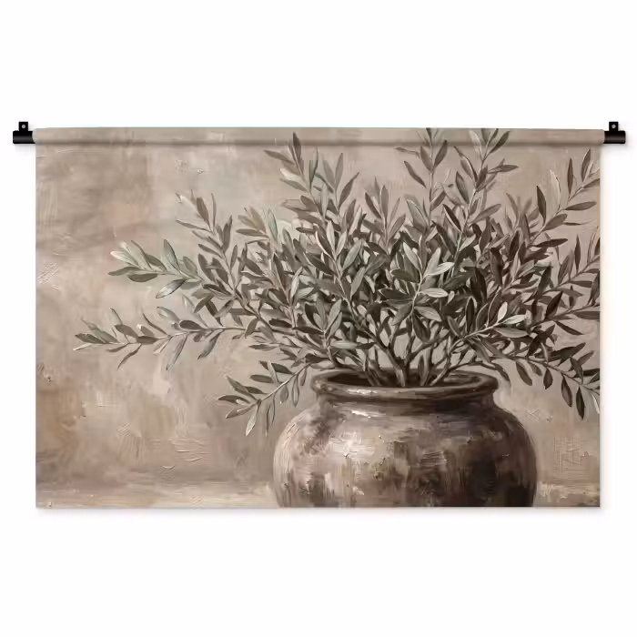Wandkleed - Olijfplant - Aardenpot - Abstract - Beige