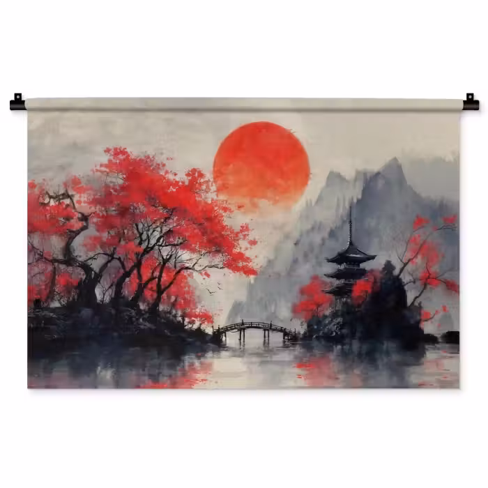 Wandkleed - Rode zon - Rivier - brug - Bomen