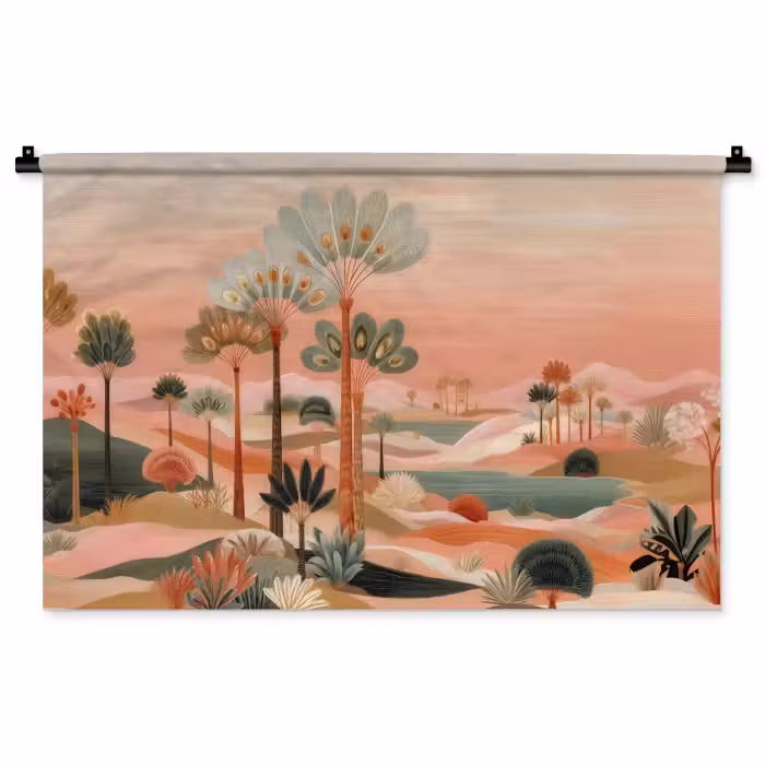 Wandkleed - Roze landschap - Palmen - Water