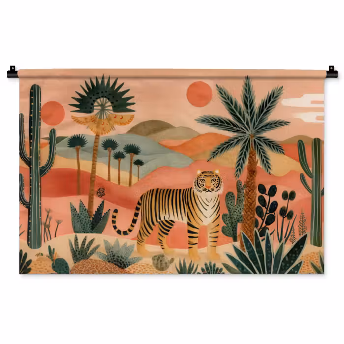Wandkleed - Tijger - Palmen - Cactus - Oranje