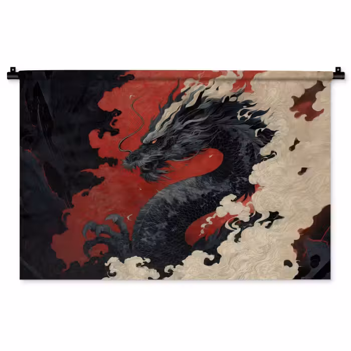 Wandkleed - Zwarte draak - Rookwolken - Rood